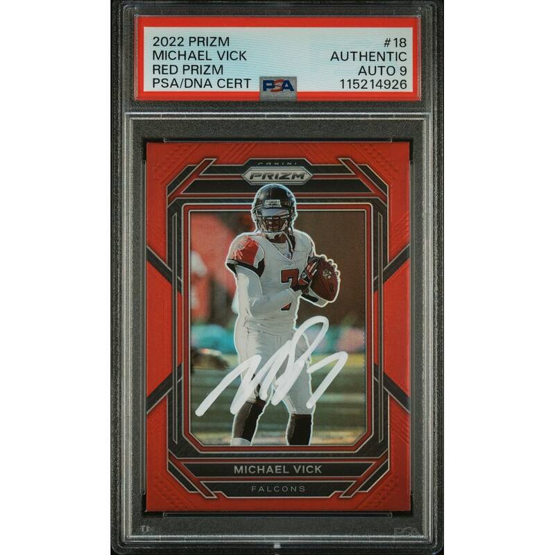 Michael Vick 2022 Panini Prizm Red Signed Football Card #18 Auto Graded PSA 9 Cert # 115214926 - 8' x 11'