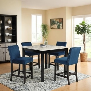 5pc Counter Height Dining Set Square White Faux Marble Table Blue ...