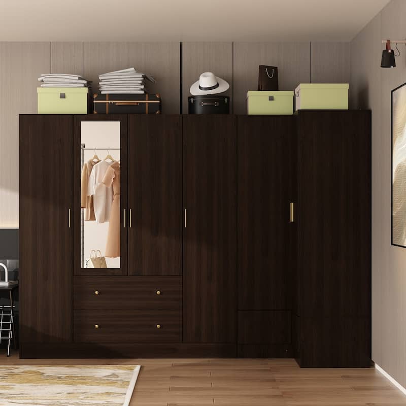 4 Door Wardrobe Large Storage Cabinet Armoire with Mirror and 2 Drawer