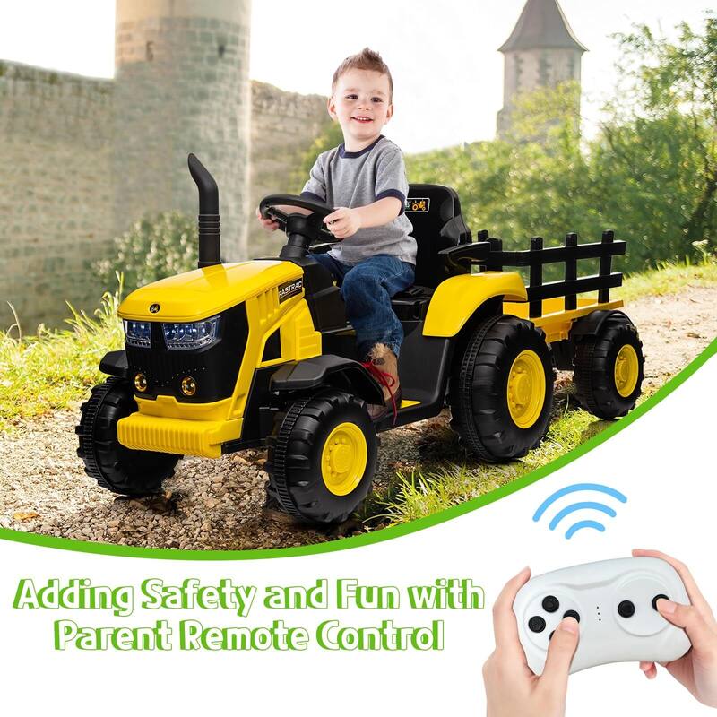 Electric Kids Ride On Tractor with Trailer, 12V Battery Powered Vehicle Toy