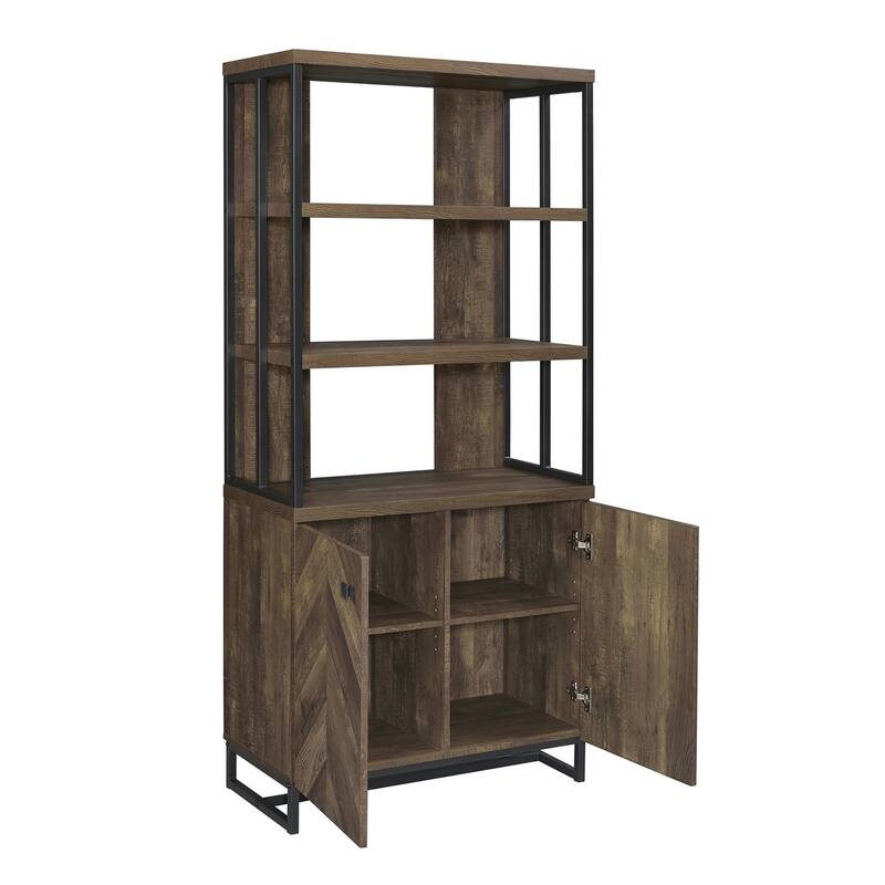 2-Door Bookcase in Rustic Oak Herringbone and Gunmetal - Dark Oak