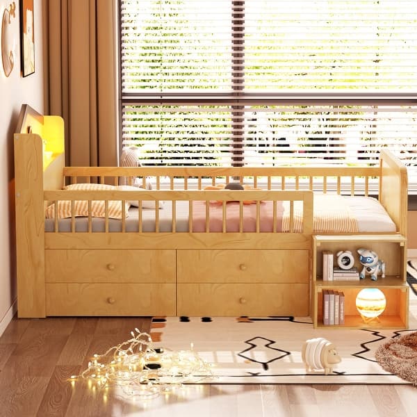 slide 2 of 21, Space-Saving Twin House Loft Bed with LED and Storage Natural