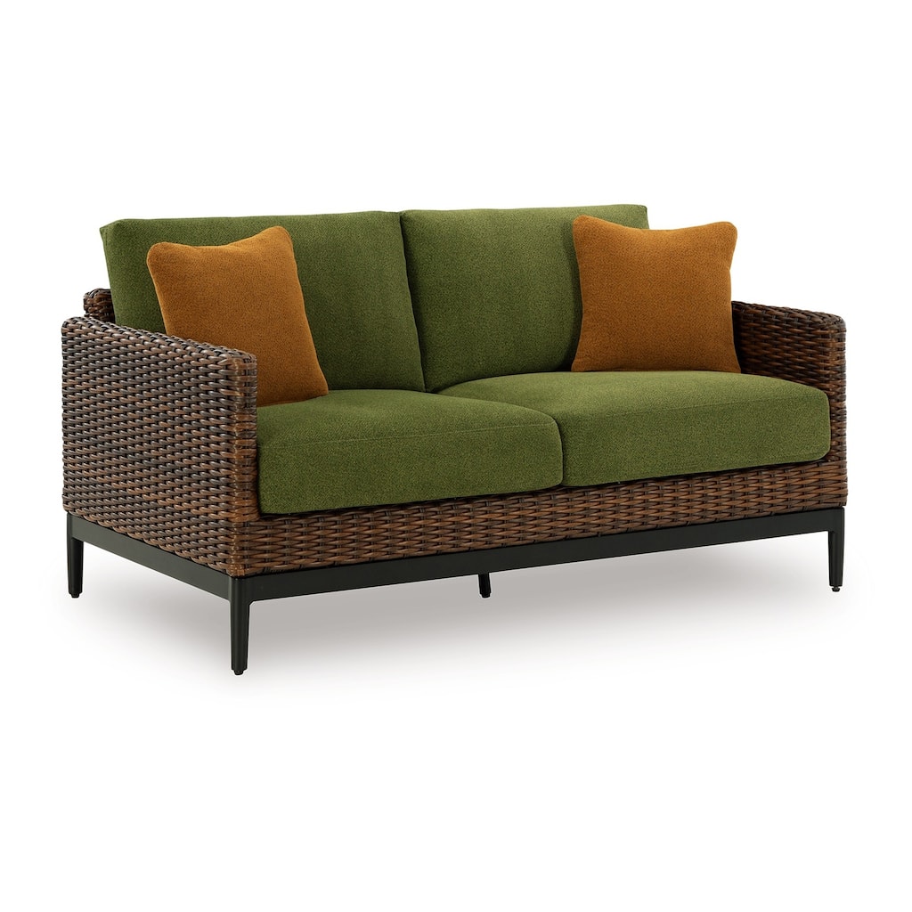 Izon Outdoor Loveseat, 2 Throw Pillows, Green, Brown Woven, 60 Inch