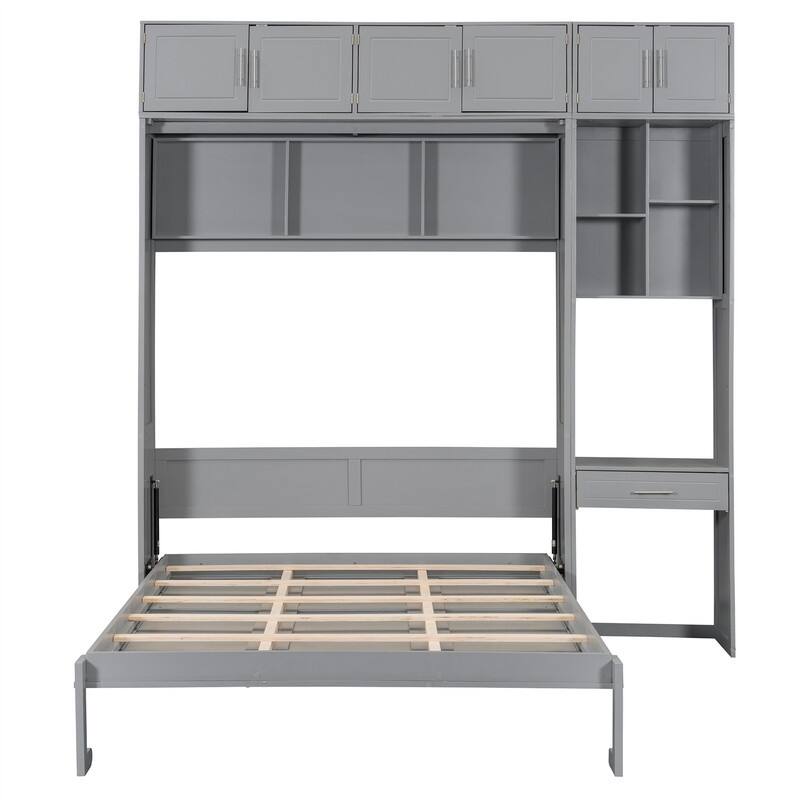 Full/Queen Size Murphy Bed Wall Bed with Desk & Top Cabinet, Folding Murphy Cabinet Bed w/ Storage Shelves, Space Saving Design