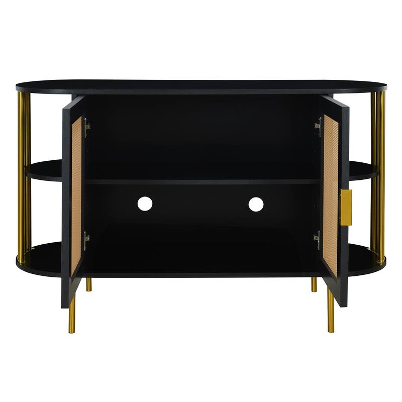Curved Black Sideboard with Woven Rattan Doors and Open Storage