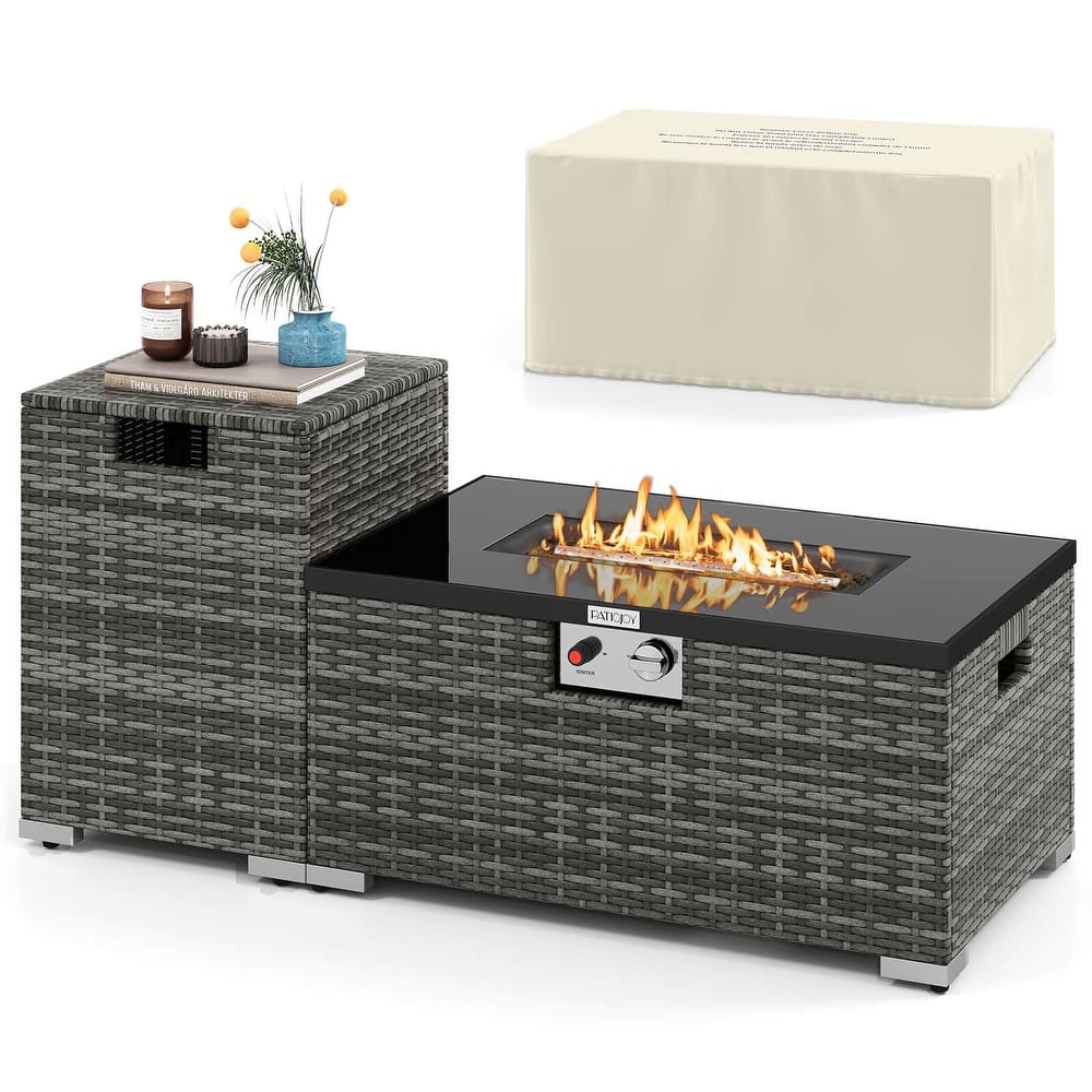 Costway 2 PCS Outdoor Rattan Fire Table Set with Tank Cover Tempered - See Details