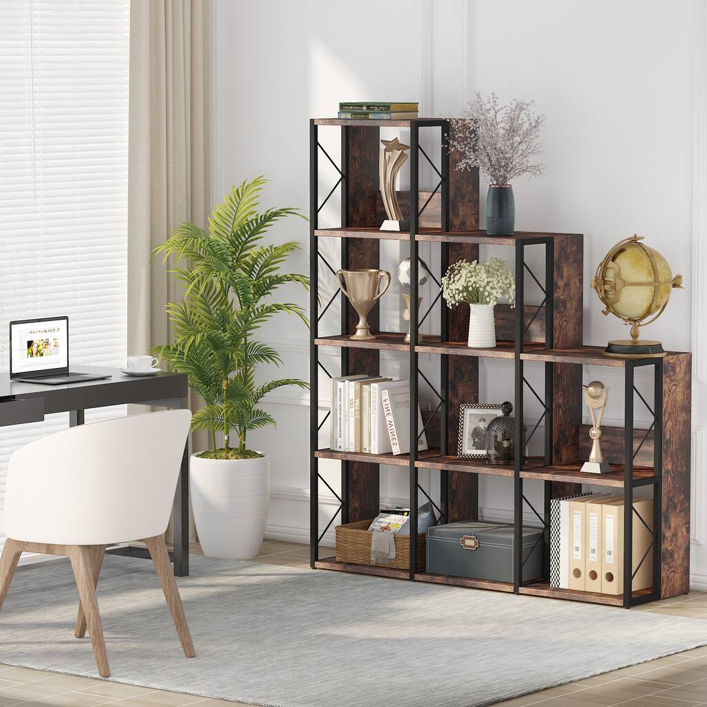 9 Cubes Industrial Ladder Bookcase, Ladder Corner Bookshelf Storage Shelf