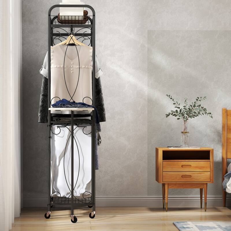 Multi-Functional Laundry Hamper Organizer with Hanging Rail and Storage Shelf - Rolling Laundry Cart with Wheels