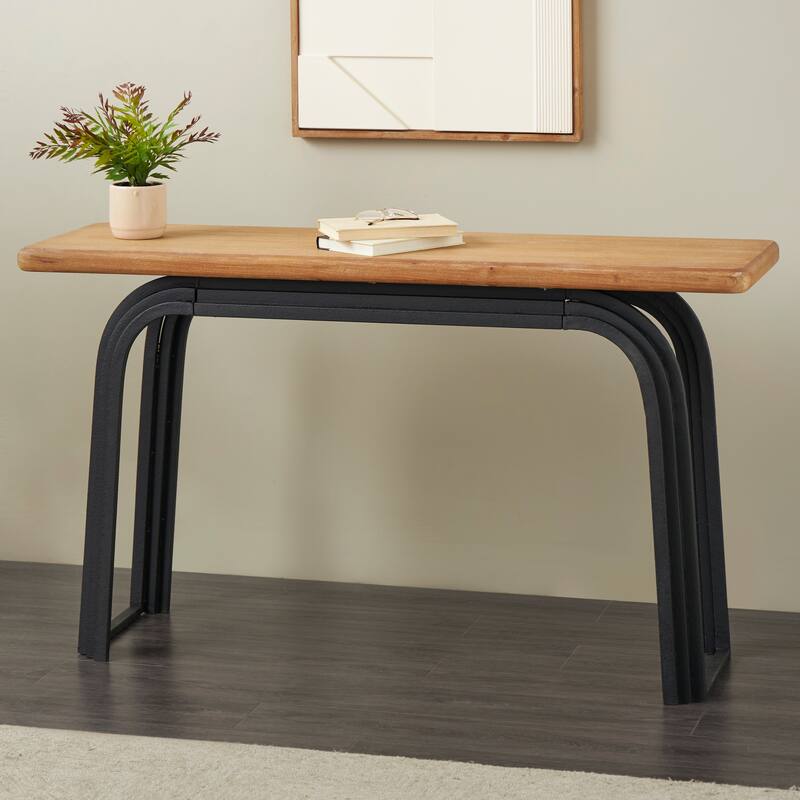 Black Metal Layered Arch Console Table with Brown Tabletop - Black