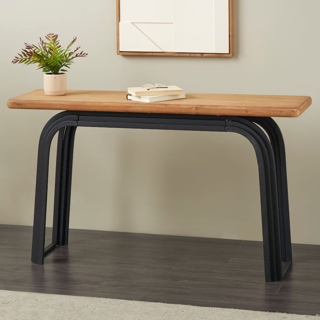 Black Metal Layered Arch Console Table with Brown Tabletop