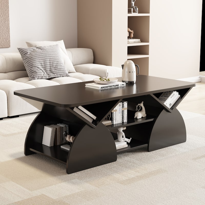 Engineered wood rounded corner rectangular coffee table for living room, easy assembly storage table - Black