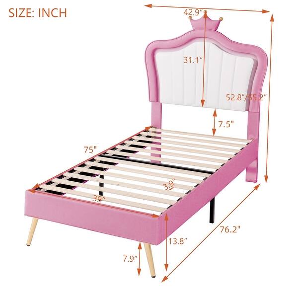 dimension image slide 1 of 3, Crown Stripe Headboard Platform Bed Frame, PU Upholstered Princess Bed with Remote Control LED Lights, Wood Slat Panel Bed