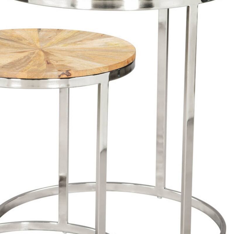 Set of 2 Solid Wood Iron Round Frame Nesting Tables for Living Room - 18” x 18” x 20.50”