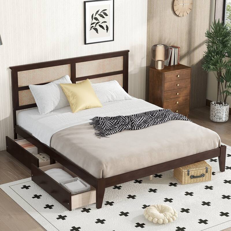 GDFStudio Rubber Wooden Bed with Rattan Headboard