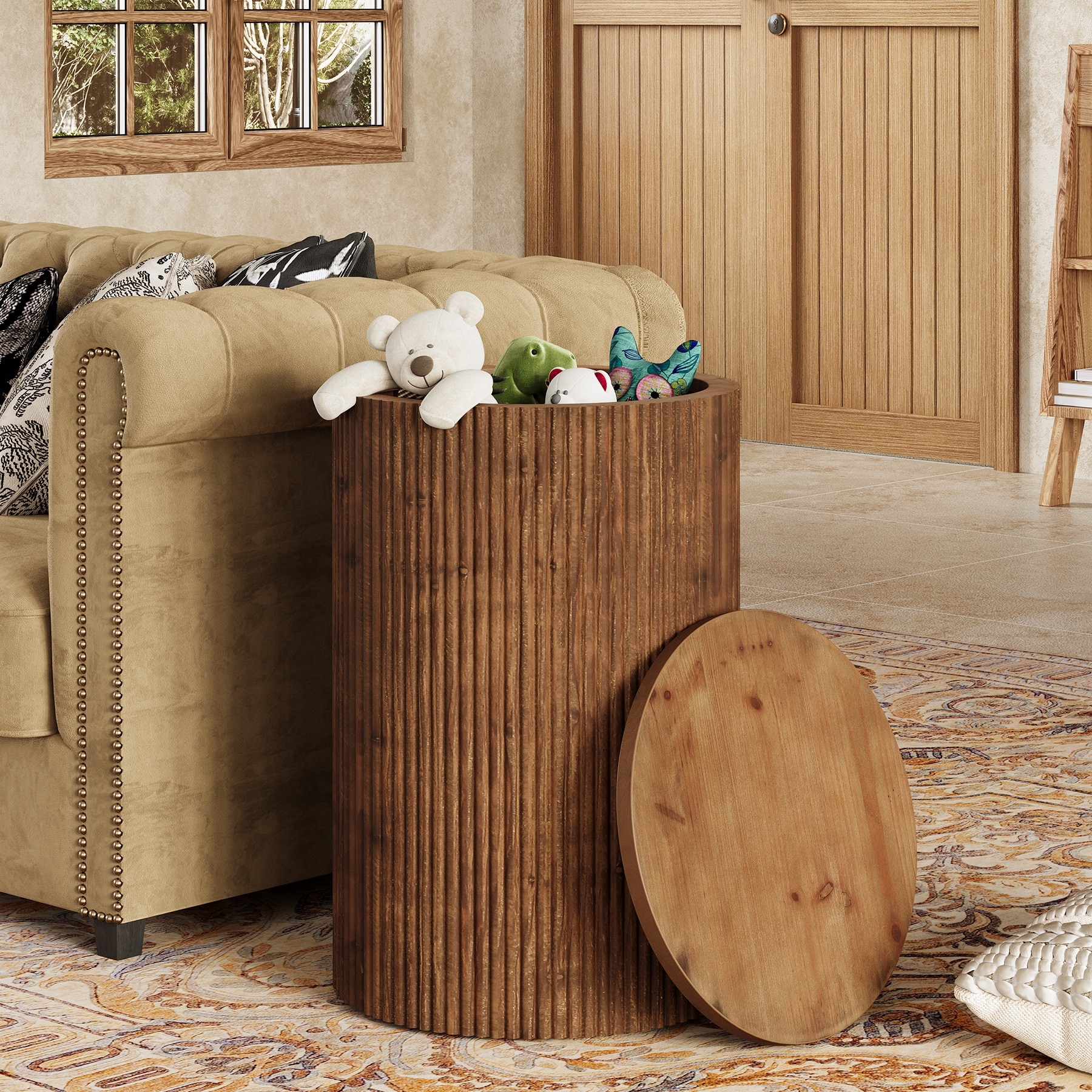 Solid Wood Round Side Table with Storage, 4 Wheels, Fully Assembled