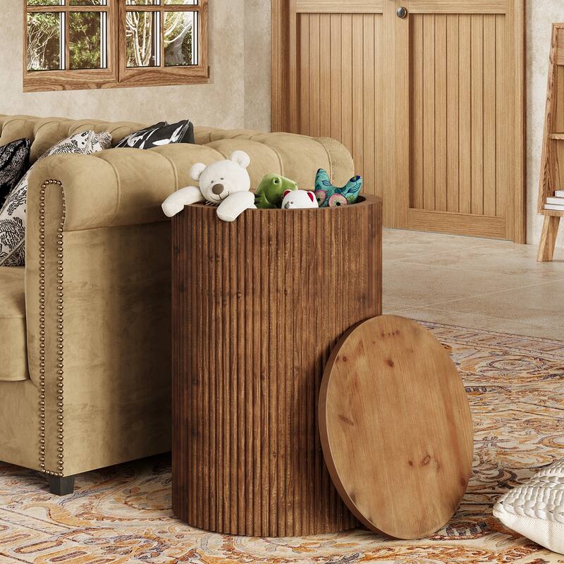 Solid Wood Round Side Table with Storage, 4 Wheels, Fully Assembled - Brown