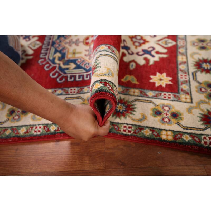 Red Geometric Kazak Foyer Rug Handmade Wool Carpet - 2'10" x 4'1"
