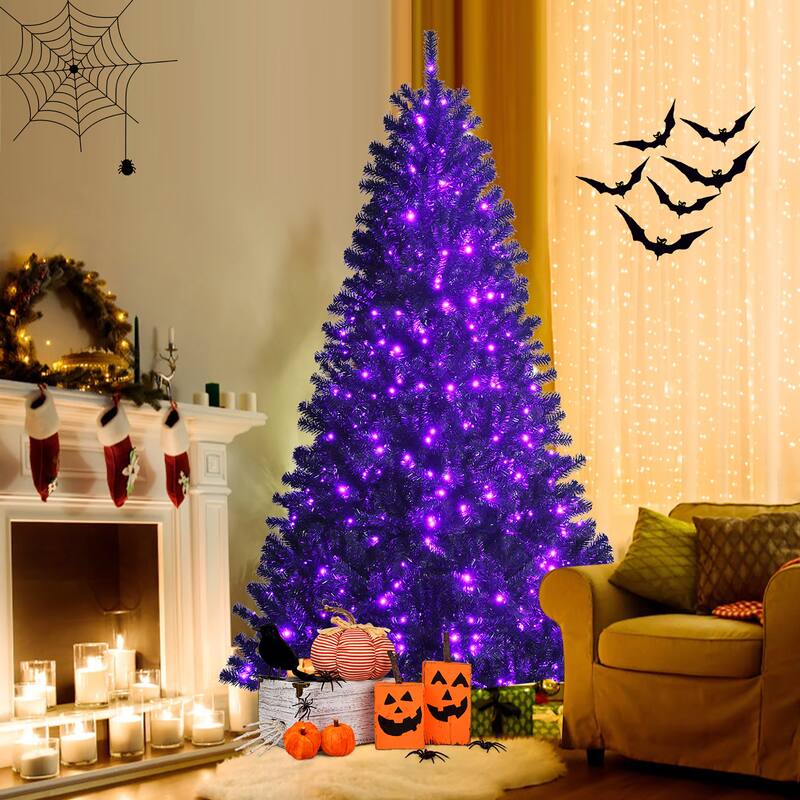 Costway 7ft Pre-lit PVC Christmas Tree Black w/ 500 Purple LED Lights - Purple+Black - 7 Foot