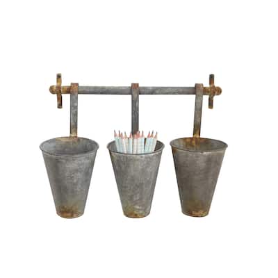 Antiqued Metal Wall Rack with 3 Hanging Tin Pots - Grey