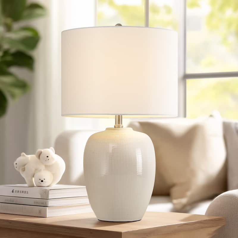 Ivory 3-Way White Ceramic Table Lamp with Drum Shade - 23 in. H