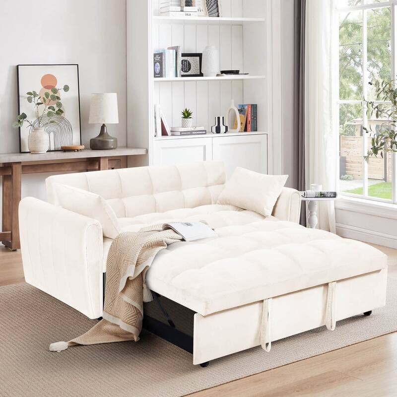 64.9" 3-in-1 Convertible Velvet Double Futon Sofa Bed with 2 Pillows - Beige