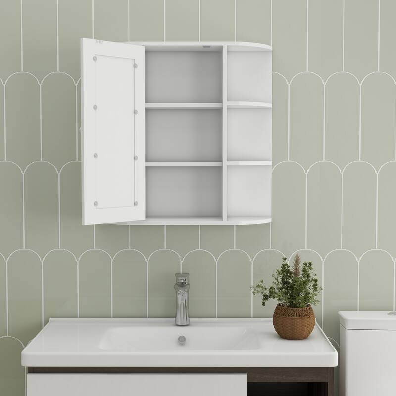 Wall-Mounted Bathroom Medicine Cabinet with Mirror Door, 6 Open Shelves and 3 Adjustable Shelves - 6.69X23.42 in