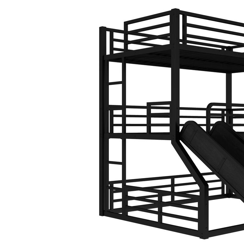 Twin over Twin over Full Bunk Bed with Slide, Metal Triple Bunk Bed with Safety Guardrails, Noise-reduced Design