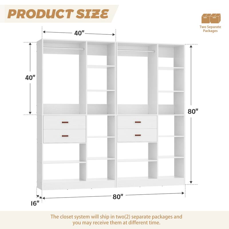 40'' Large Closet System with 10 Shelves and 2 Drawers, Freestanding Closet Organizer with Hanging Rods