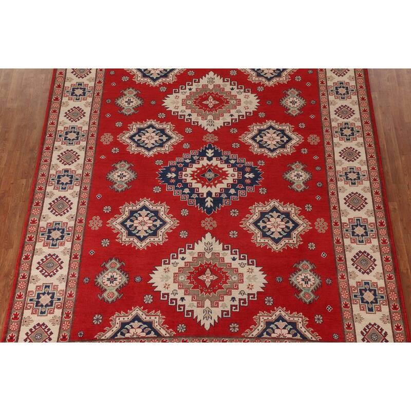 Geometric Red Kazak Oriental Area Rug Hand-Knotted Wool Carpet - 8'3"x 10'0"