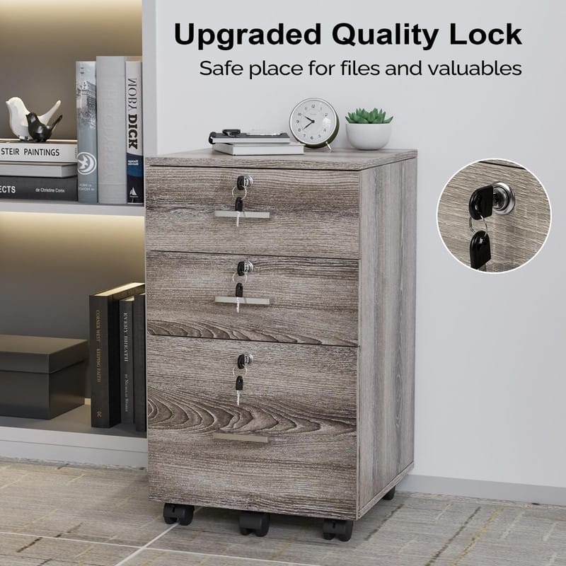 File Cabinet 3-Drawer Rolling Wood with Lock