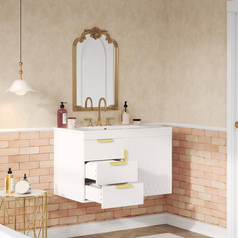 30" Wall Mounted Bathroom Cabinet with Ceramic Basin Sink, Bathroom Cabinet with Soft-Closing Door and Drawers