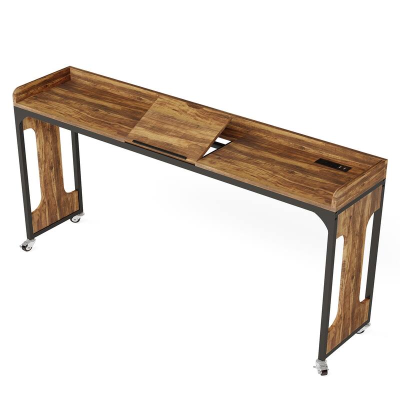 35.4"-43.3" Adjustable Overbed Table, 70.8" Queen Size Laptop Desk with Wheels, Outlets, USB, Rustic Brown