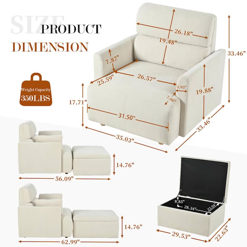 GDFStudio - Oversized 35" Accent Chair with Storage Ottoman