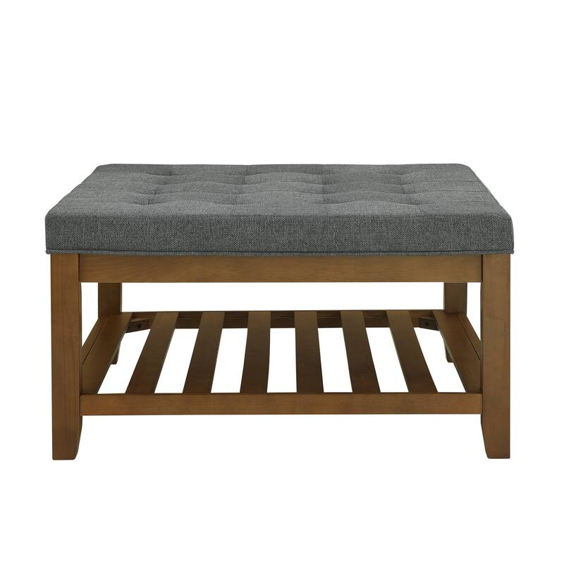Upholstered Coffee Table Tufted Linen Large Square Ottoman with Beech Wood Shelf and Frame, Oversized Footrest Ottoman