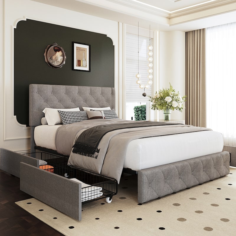 Full & Queen Size Bed Frame Built in 4 Storage Drawers & Adjustable Headboard - Queen