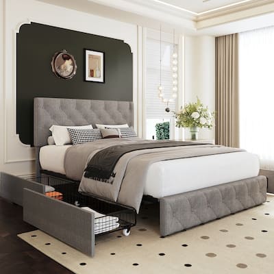 Full & Queen Size Bed Frame Built in 4 Storage Drawers & Adjustable Headboard