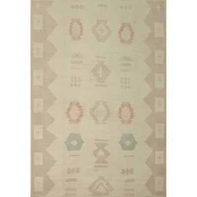 Hand Woven Southwestern Wool Beige Geometric Area Rug - 9' 10'' X 8' 5''