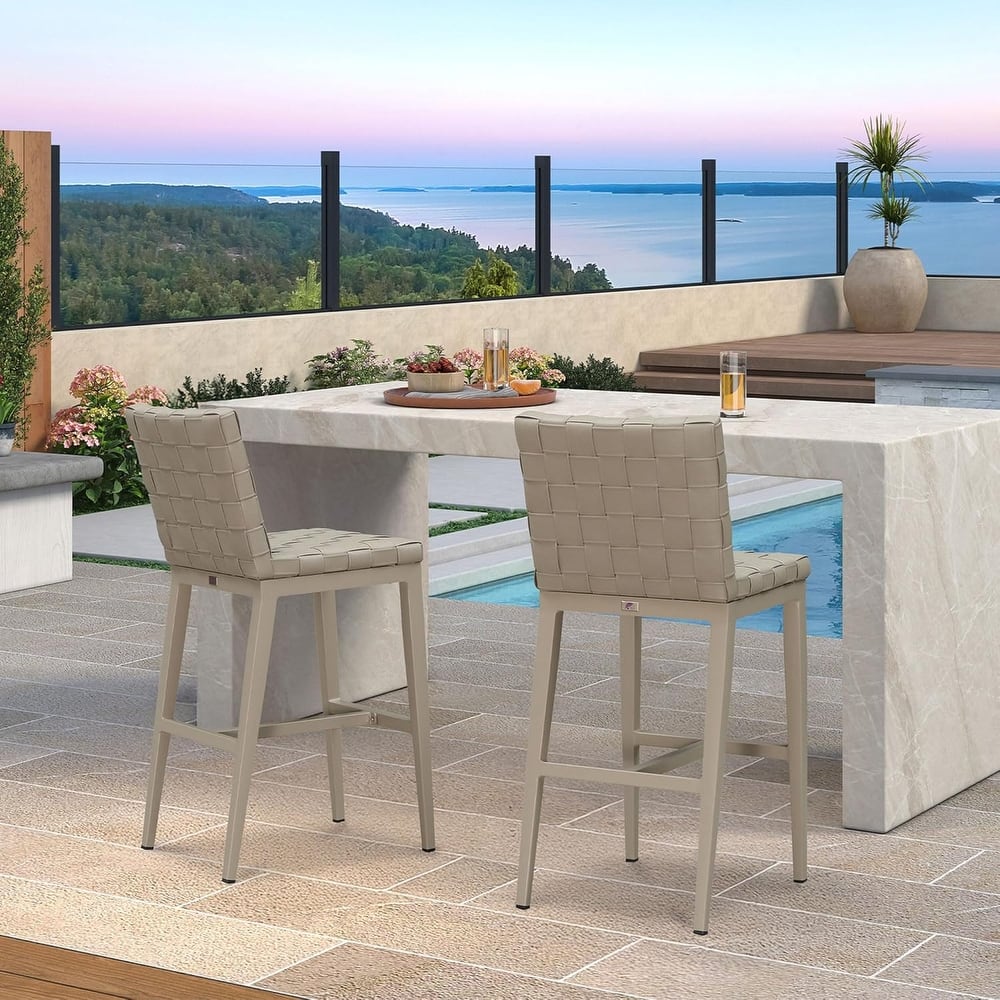 PURPLE LEAF Outdoor Counter Height Bar Stools Set of 2, PU Leather Patio Bar Set with Aluminum Frame