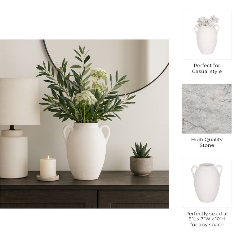 Neutral Ceramic Textured Amphora Jug with Handles Vase - White