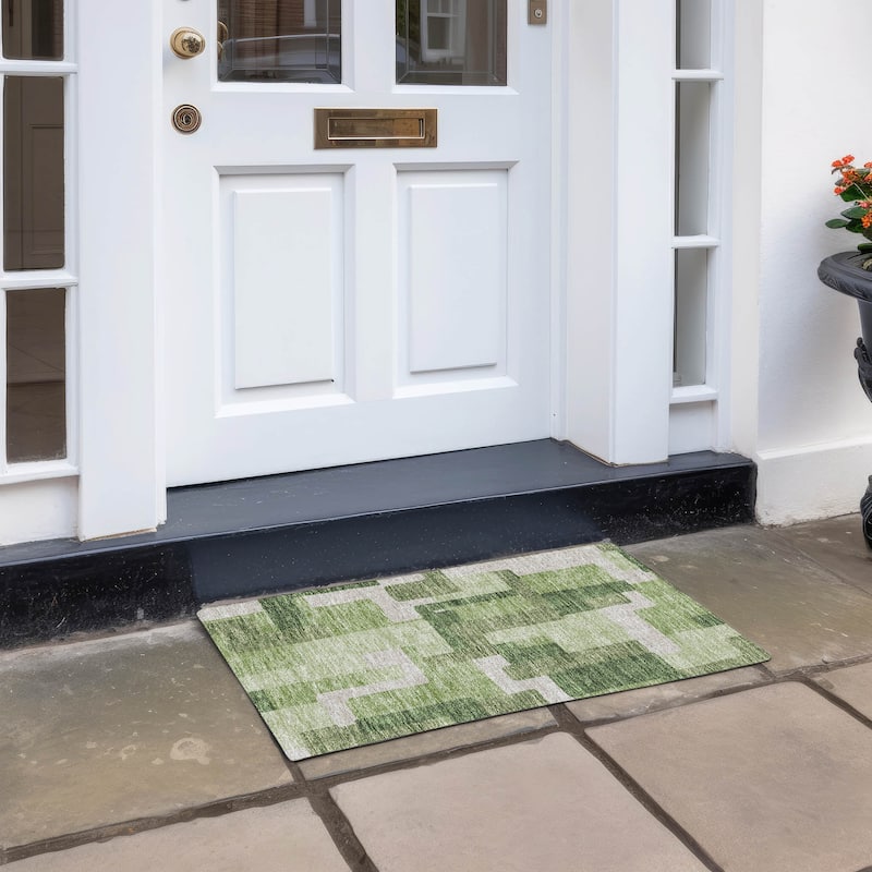 Machine Washable Indoor/ Outdoor Chantille Contemporary Blocks Rug - Green - 1'8" x 2'6"