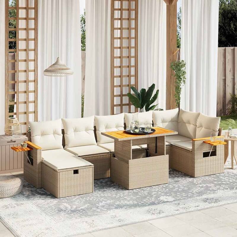 vidaXL Patio Sofa Set with Cushions Outdoor Conversation Furniture Poly Rattan - Beige and Cream-without storage - 21.7 x 39.4 x 28.7