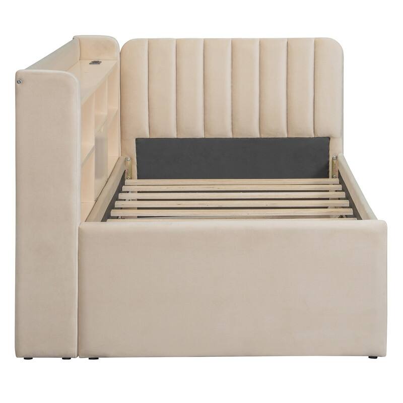 Twin Size Upholstered Daybed with Trundle, Storage Platform Bed Frame with Shelves and Charging Station