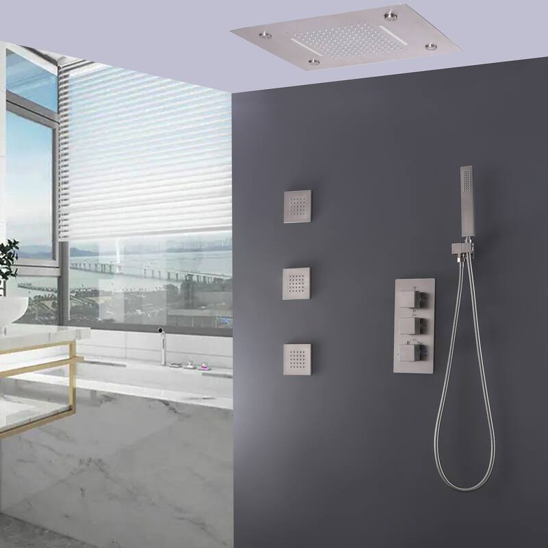 Ceiling LED 4-Way 3-Jet Complete Rain and Waterfall Shower System With Rough-in Valve