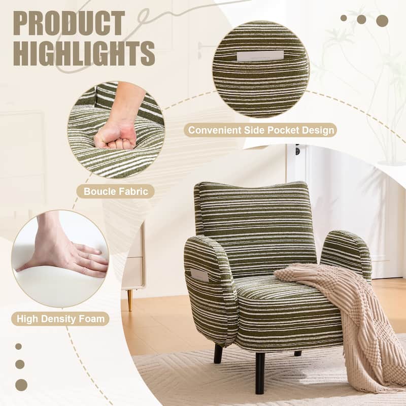 Boucle Upholstered Lounge Armchair, Reading Chair with Side Storage Pocket, Single Sofa Chair with Solid Wood Legs - Olive Green