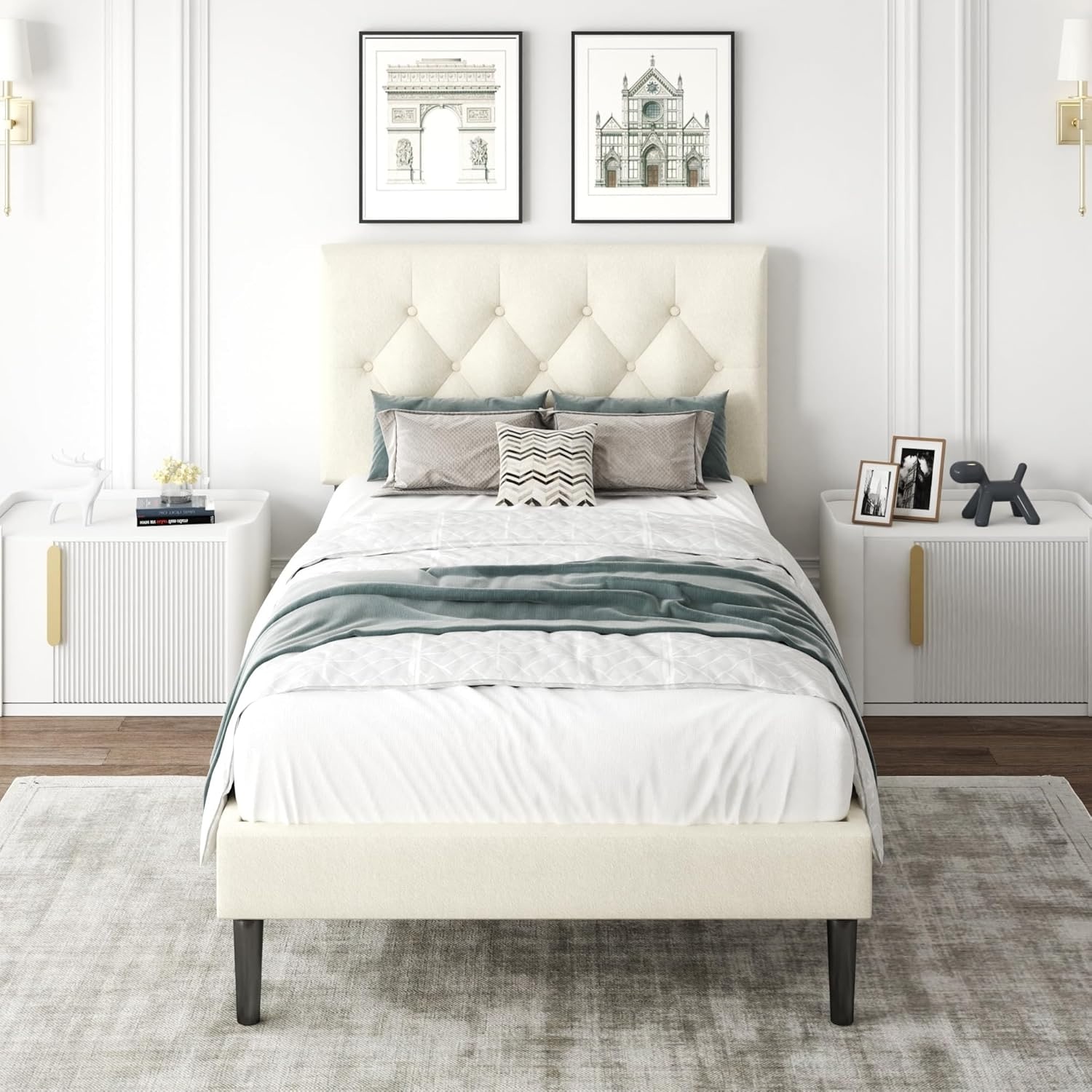 Twin Size Upholstered Platform Bed Frame with Tufted Headboard, Noise-Free, Easy Assembly