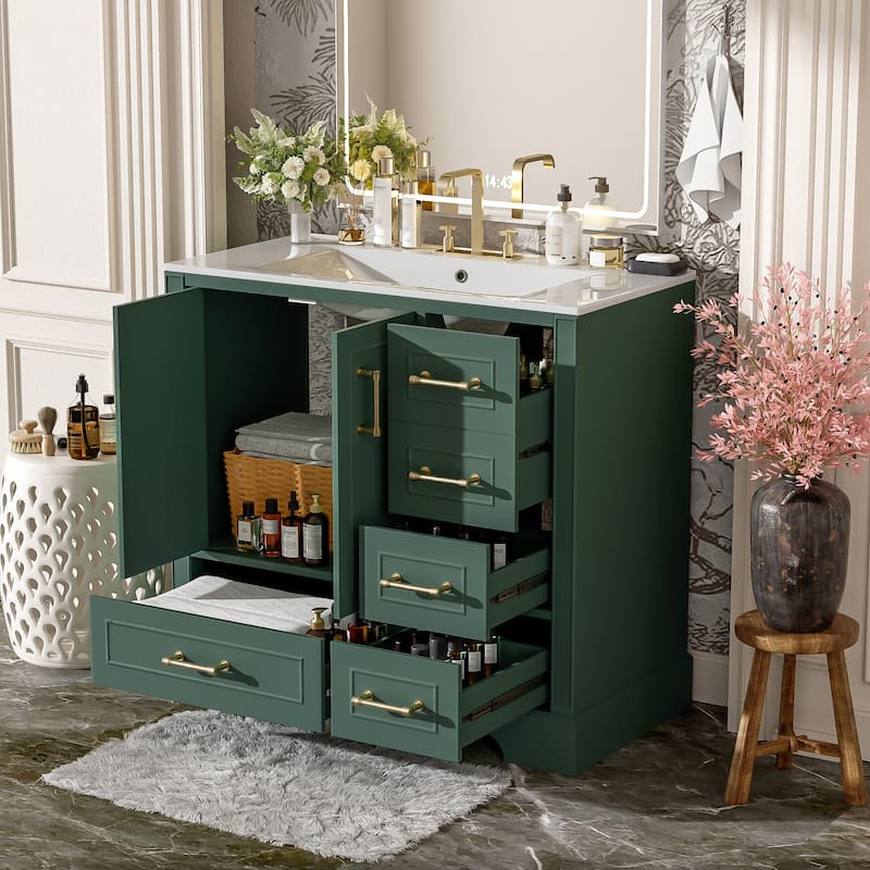 Bathroom Vanity with Resin Sink, Bathroom Vanity Set with 4 Drawers, Bathroom Storage Cabinet with 2 Soft Close Doors - Green