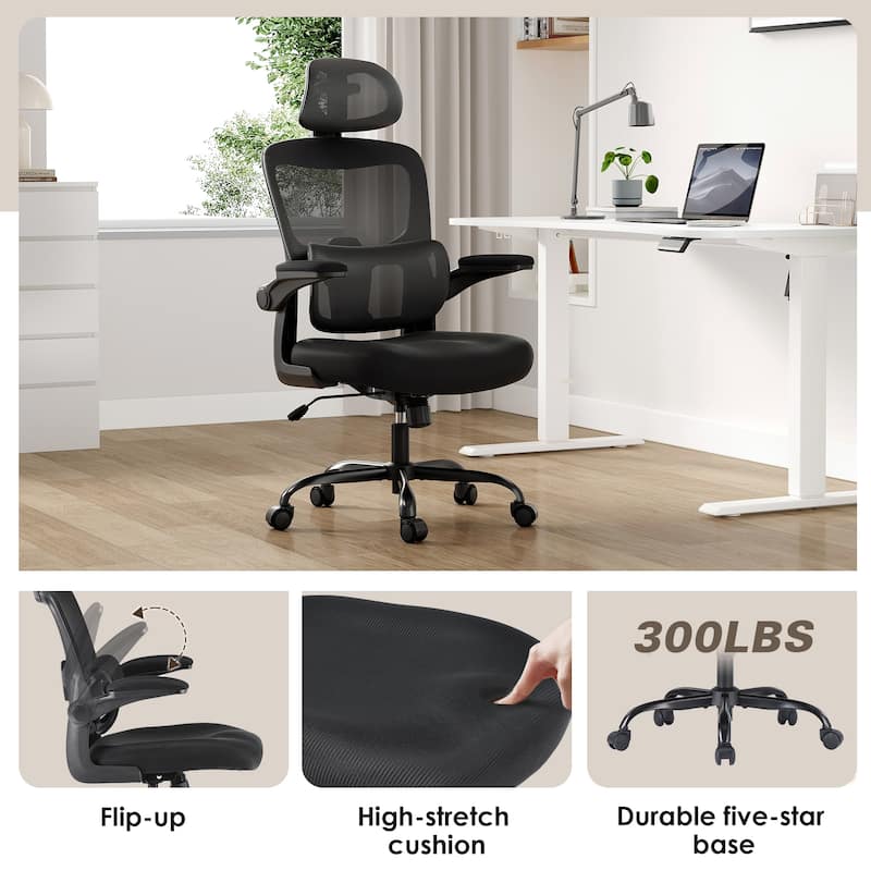 Ergonomic Office Chair, High Back Desk Chair with Flip-Up Armrest and Adjustable Lumbar Support, Computer Chair