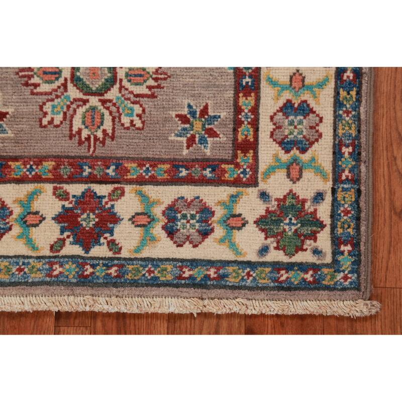 Geometric Kazak Oriental Accent Rug Hand-Knotted Grey Wool Carpet - 2'0"x 3'0"