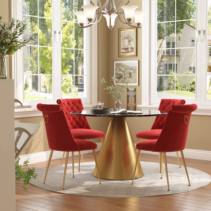 48" Marble Top Metal Dining Table with Velvet Dining Chair Set