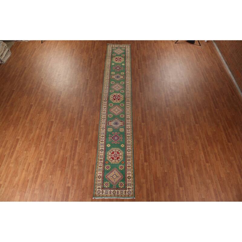 Traditional Green Kazak Runner Rug Hand-Knotted Wool Carpet - 2'8" x 16'4"
